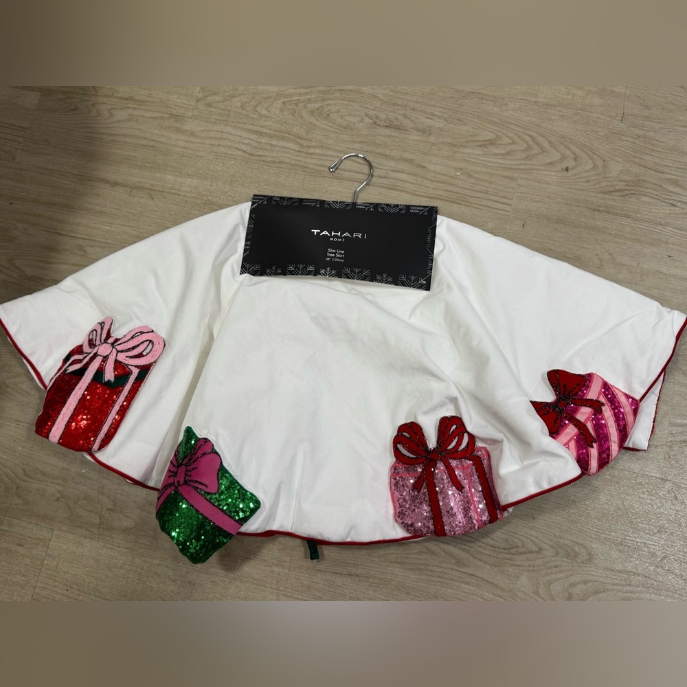 Tahari White Tree Skirt with Red, Green, and Pink Gift Designs